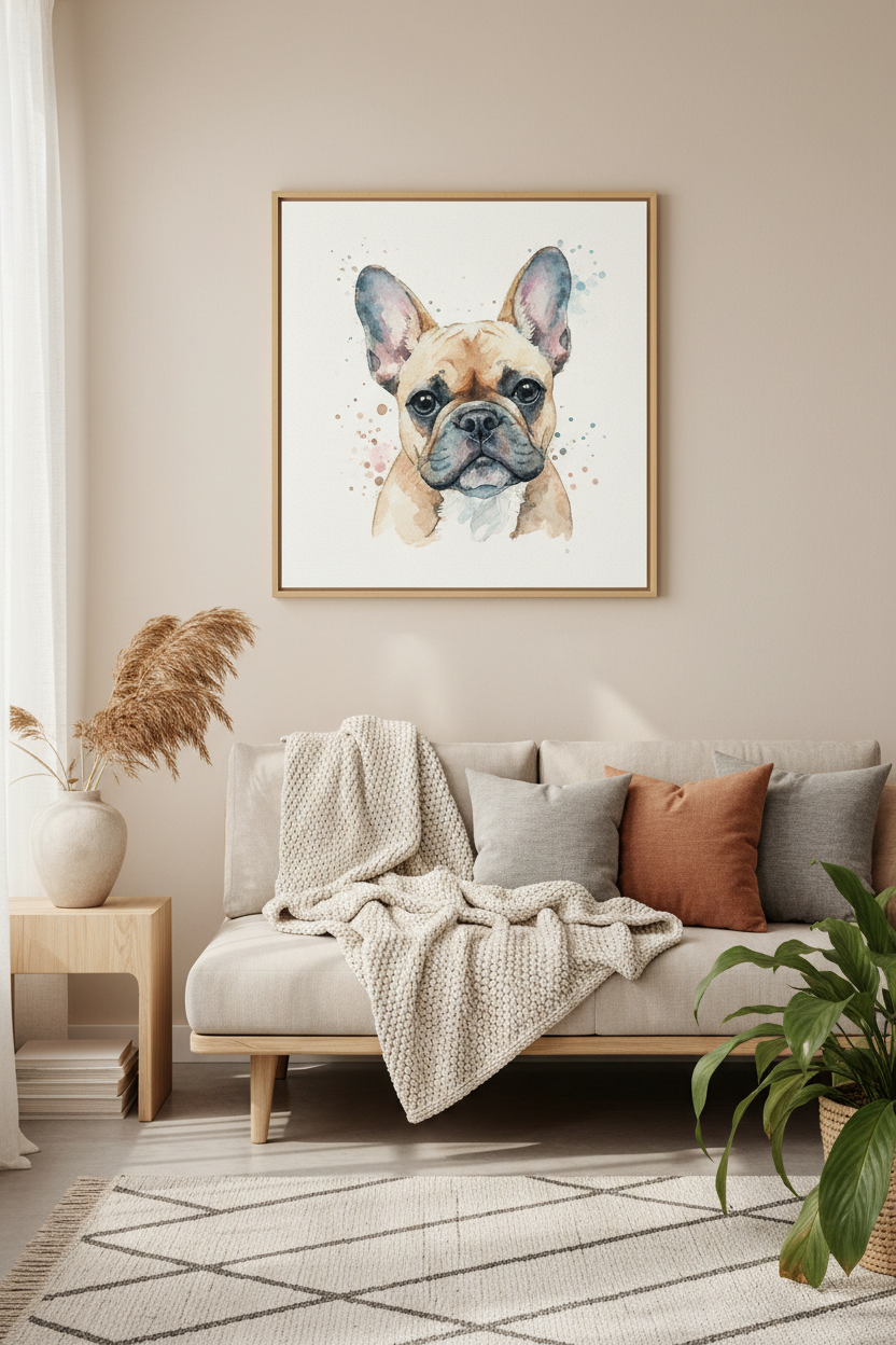 French Bulldog watercolor portrait canvas print hanging in a cozy living room